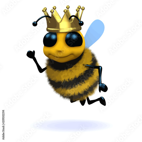 Vector 3d Funny cartoon honey bee character is wearing a gold crown