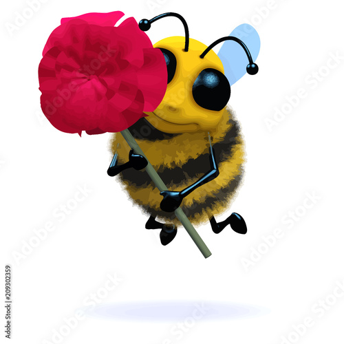Vector 3d Bee holds a red rose