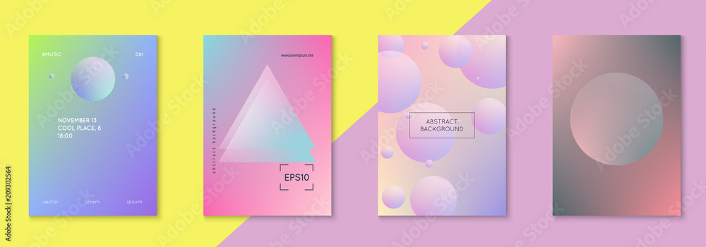 Holographic fluid set with circles. Geometric shapes on gradient background. Modern hipster template for placards, banners, flyers, report, brochure. Minimal holographic fluid in neon colors.