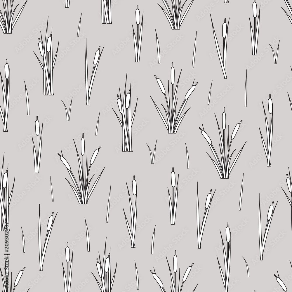 Seamless pattern of outline reed bushes. - obrazy, fototapety, plakaty 