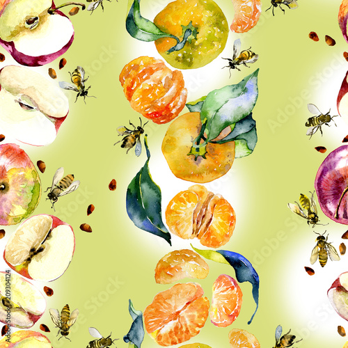 Fototapeta Naklejka Na Ścianę i Meble -  Garden, rustic, delicious apples. Ripe, southern, orange mandarins. Honey, wild bees. watercolor. Illustration