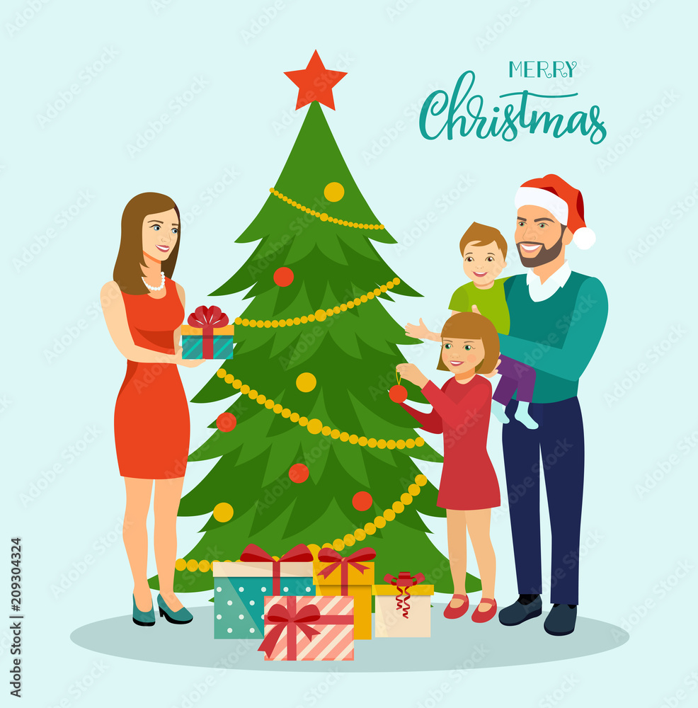 Family at Christmas. Family standing near christmas tree and decorating. Vector flat illustration