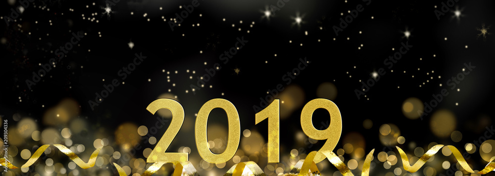 golden 2019 in ribbon and on abstract night background 