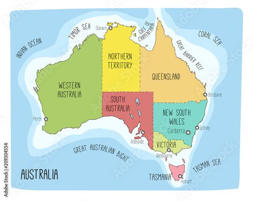 Vector map of Australia. Colorful sketch illustration with territories and capitals
