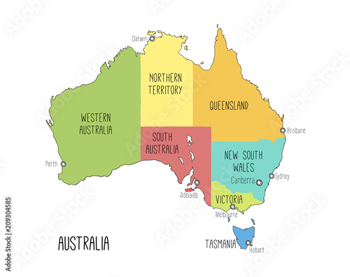 Vector map of Australia. Colorful sketch illustration with territories and capitals