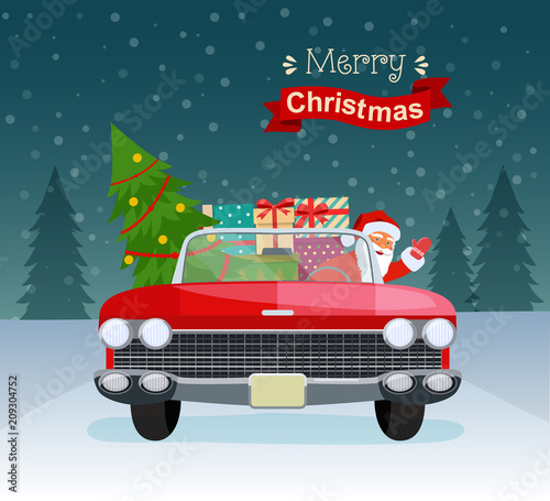 Merry christmas stylized typography. Vintage red cabriolet with santa claus, christmas tree and gift boxes. Vector flat style illustration