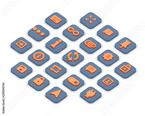 3D isometric icons of office isolated on a grey background.