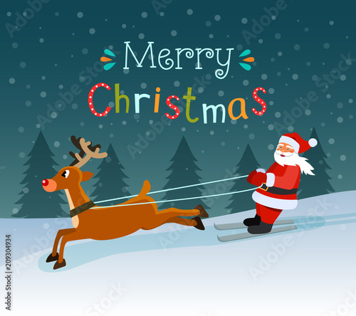 Merry christmas stylized typography. Santa Claus on skis and deers. Vector flat style illustration