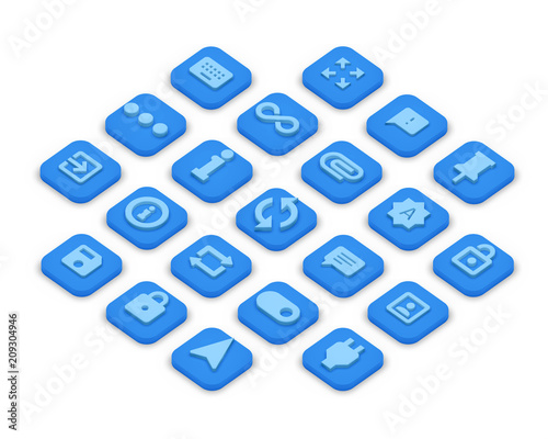 3D isometric icons of office isolated on a grey background.