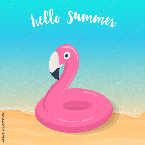 Hello summer. Pink flamingo inflatable pool float on the beach
