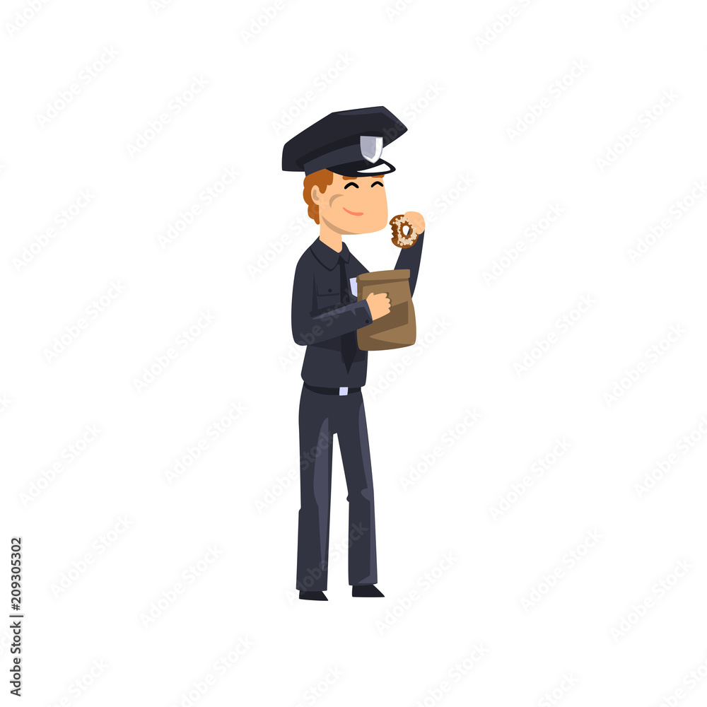 Police officer eating donut, policeman cartoon character vector Illustration on a white background Police officer eating donut, policeman cartoon character vector Illustration on a white background