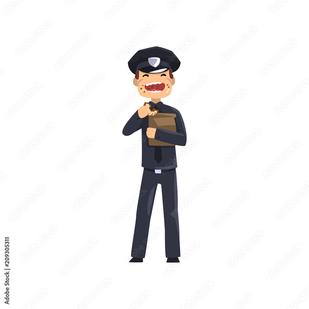 Smiling police officer in blue uniform eating donut, policeman cartoon character vector Illustration on a white background