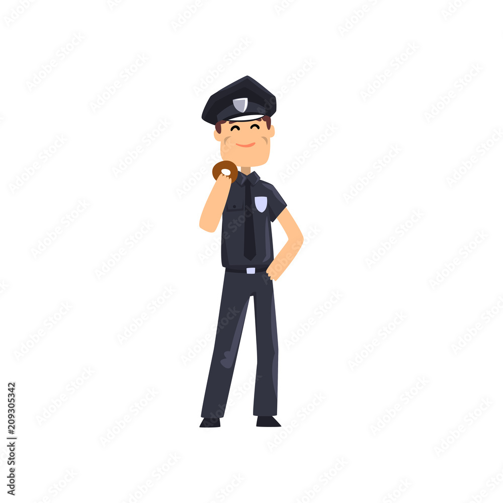 Cheerful police officer in blue uniform with donut, policeman cartoon character vector Illustration on a white background