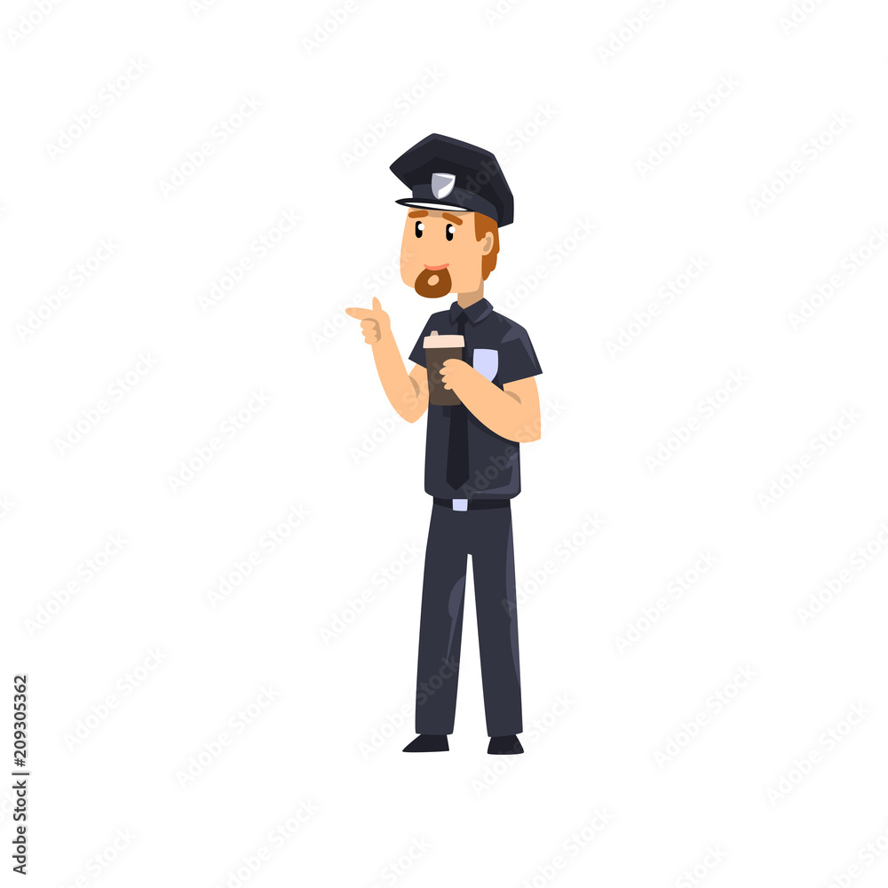 Police officer drinking coffee and eating donut while standing, policeman cartoon character vector Illustration on a white background
