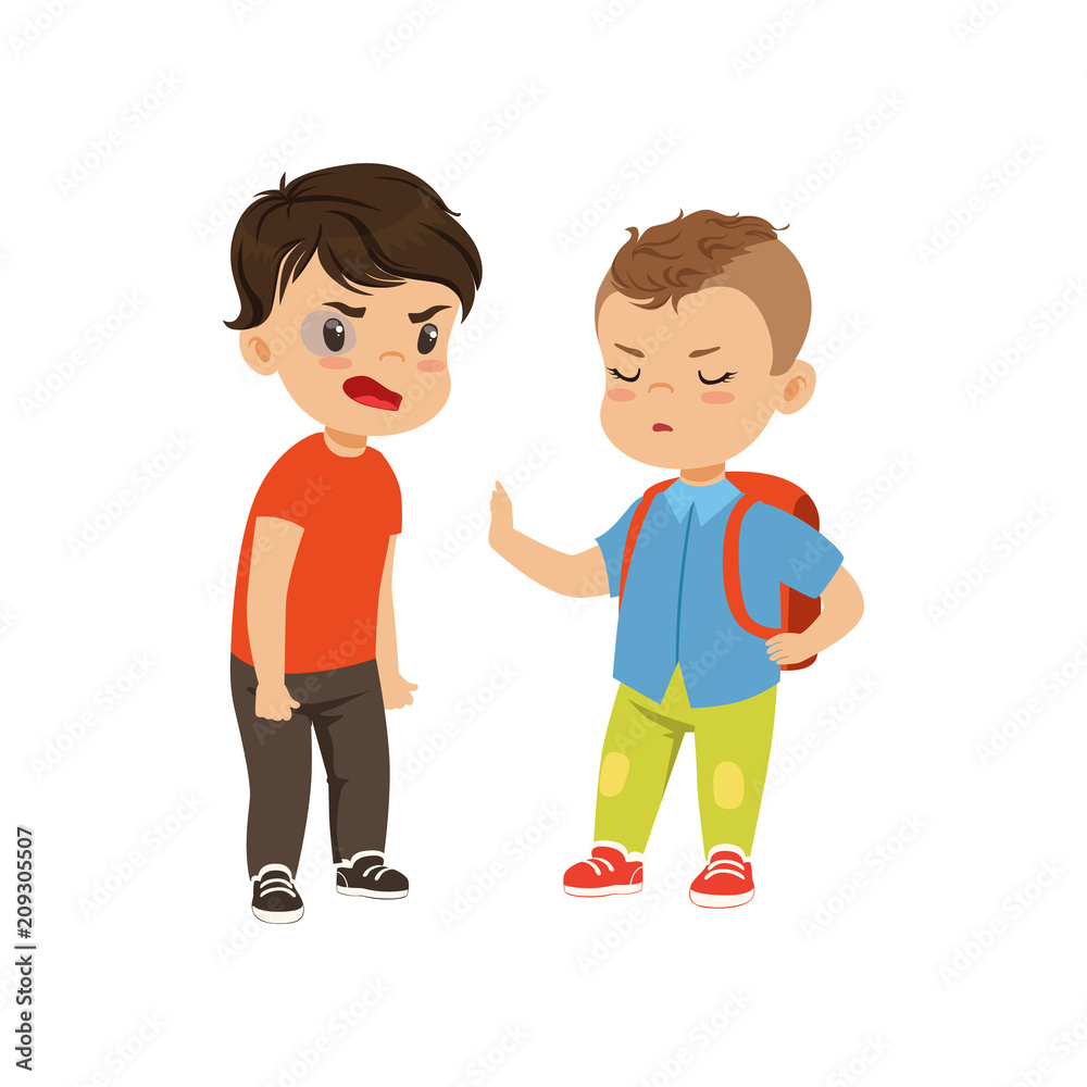 Brave litlle schoolboy with backpack trying to stop the bully who is quarreling vector Illustration on a white background