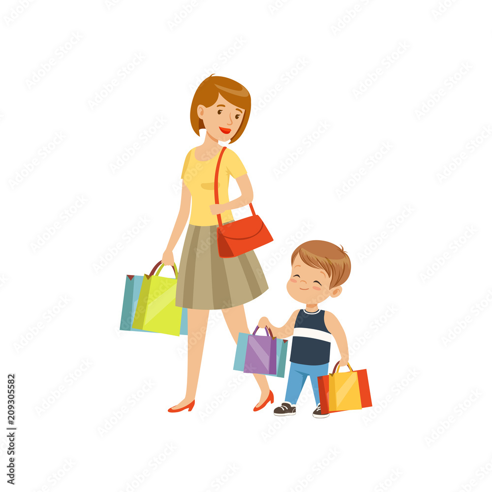 Little boy helping his mother carry shopping bags, kids good manners concept vector Illustration on a white background