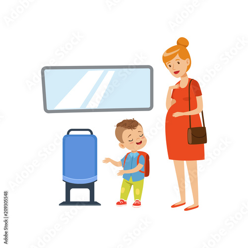 Little boy giving way to pregnant woman in public transport, kids good manners concept vector Illustration on a white background