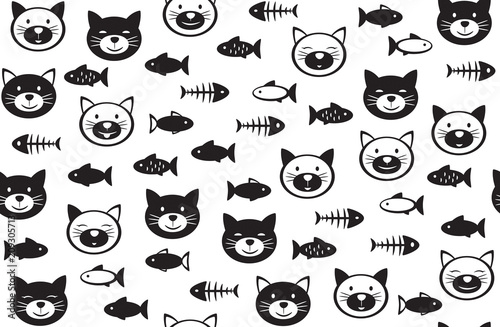 Vector funny cats and fishes seamless pattern, black and white silhouettes, isolated on white.