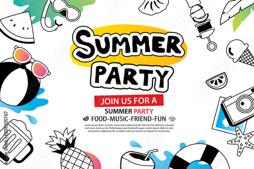 Summer party with doodle icon and design on white background. Invitation poster in hand drawn style. Use for labels, card, tag, stickers, badges, flyer, banner, vector illustration.