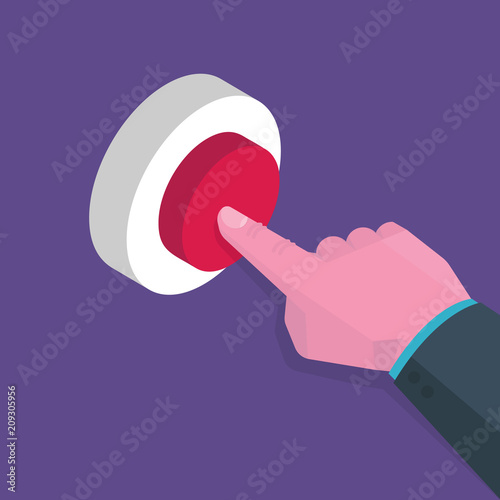 Isometric hand presses red button, start up concept. Vector illustration in flat style.