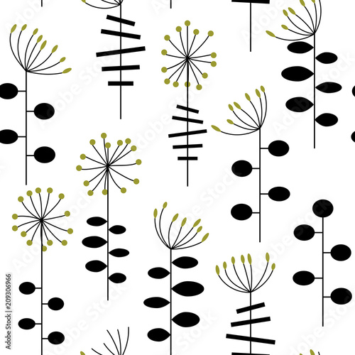 Modern vector abstract seamless geometric pattern with stylized flowers and leaves in retro scandinavian style.