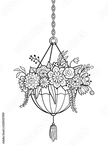 Hanging ornamental flowerpot. Vector illustration of decorative planter, isolated on white background. Antistress coloring page for adults