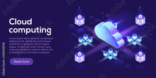 Cloud computing or storage isometric vector illustration. 3d hosting servers or datacenter background. IT network or mainframe infrastructure website header layout. Computer system or workstation.