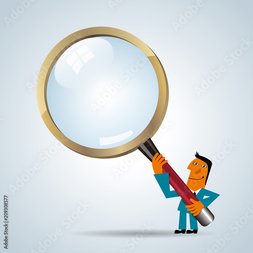 Marketing design, businessman lifting magnifier. Businessman wear blue suit.