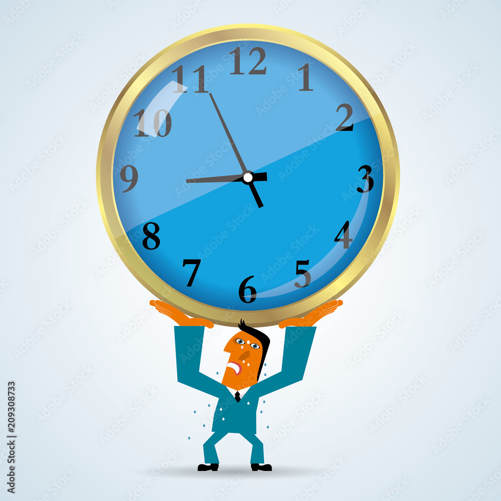 Marketing design, businessman lifting clock. Businessman wear blue suit.