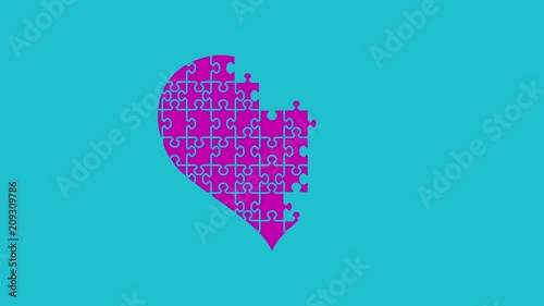 Animation of puzzle jigsaw heart. Appearing pieces of the heart. Motion graphic video 
