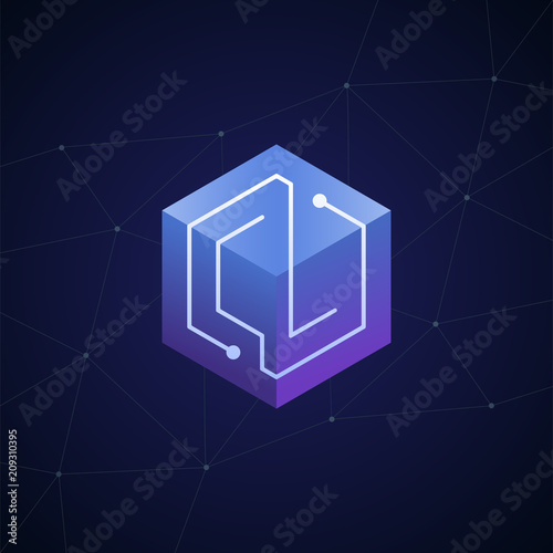 Initial letter CL, block chain, looping mono line circuit letter on hexagon cube logo, blue magenta gradient color on black blue network background