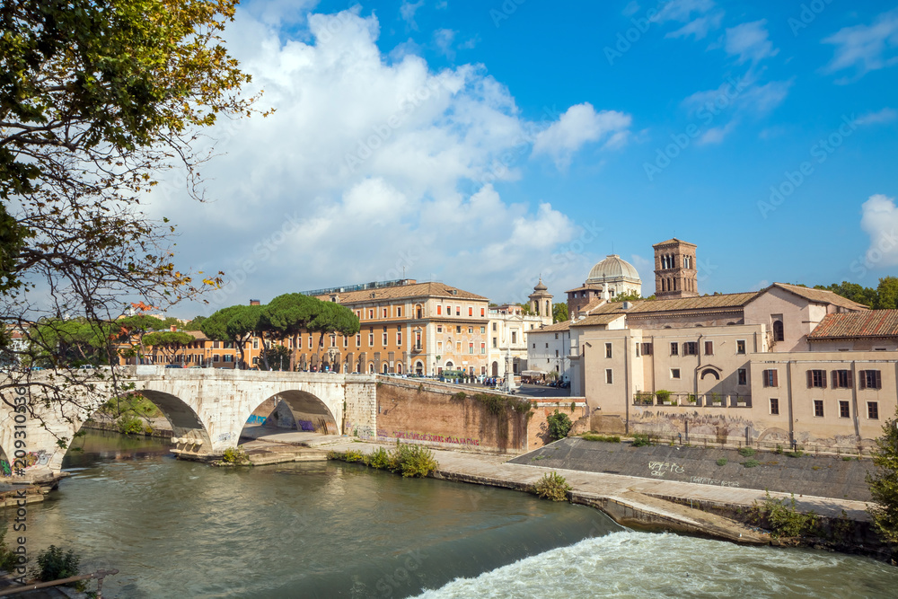 Rome, Italy. Morning panoramic view to the Ponte Fabricio and Tiber Island.