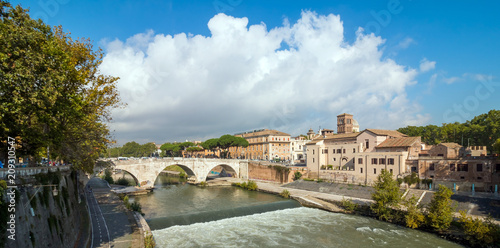 Rome, Italy. Morning panoramic view to the Ponte Fabricio and Tiber Island. photo