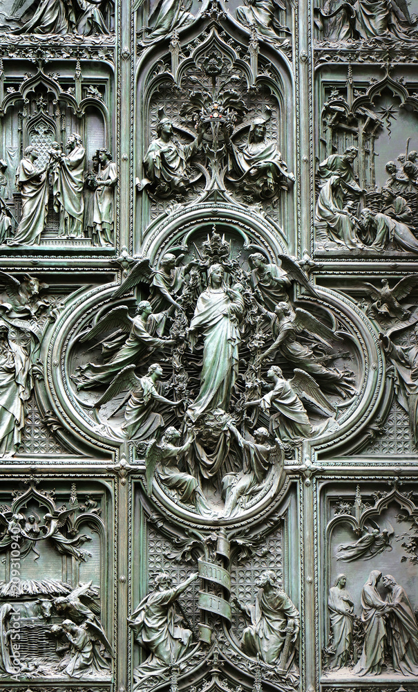 Bronze door of Milan Cathedral, depicting birth of Jesus, Italy Stock