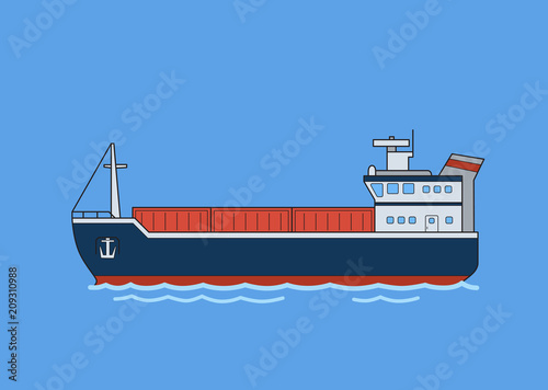 Cargo freighter boat. Flat vector illustration. Isolated on blue background
