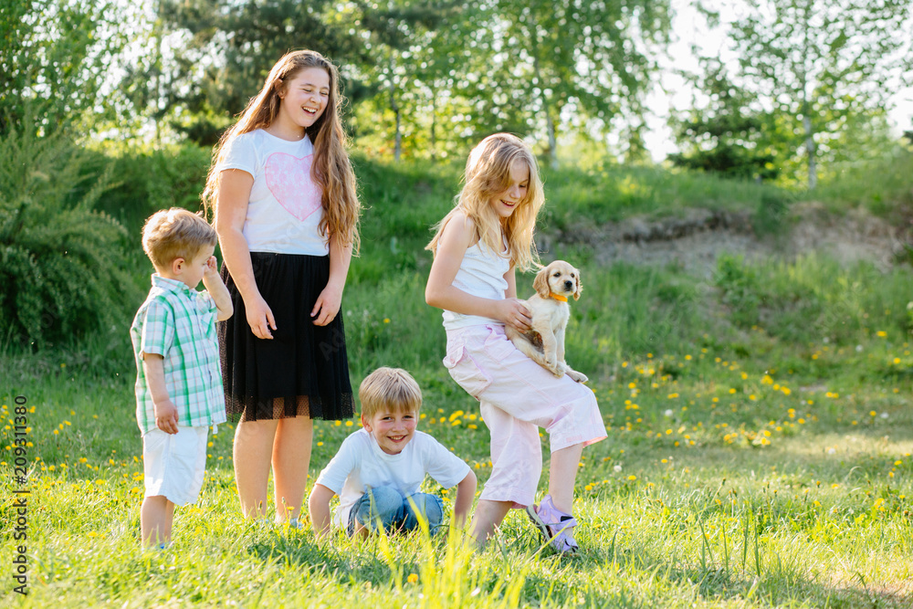 A group of four childrenlaughing, playing and caress little puppy dog gold spaniel in summer glade outdoor.