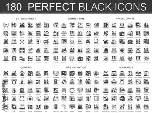 180 entertainment, summer time, travel cruise, camping, gps navigation and insurance classic black mini concept symbols. Vector modern icon pictogram illustrations set.