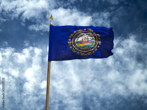 New Hampshire  flag USA flag Silk waving flag made transparent fabric of New Hampshire US state with wooden flagpole spear on background blue sky white smoke clouds real retro photo 3d illustration