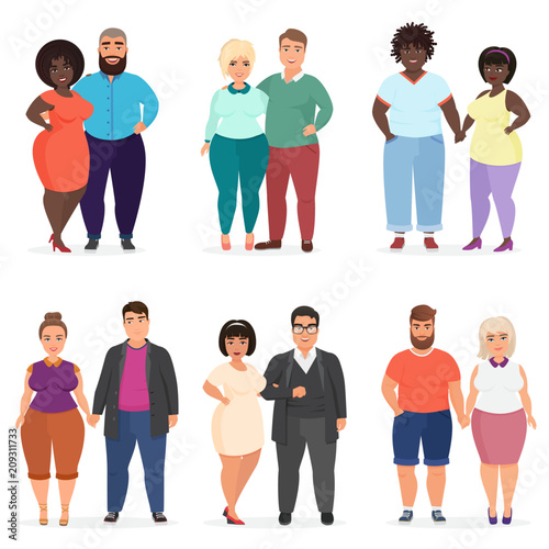 Vector Cartoon happy and smiling plus size people couples. Man and woman. Curvy, overweight fat people in casual dress clothes.