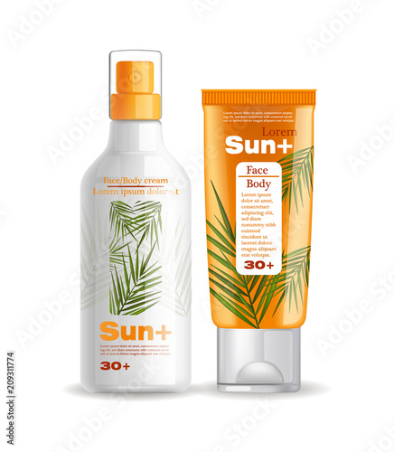 Sun cream and lotion protection isolated Vector. Realistic product packaging mock up set collection. Sun screen Uv protection products. 3d illustrations