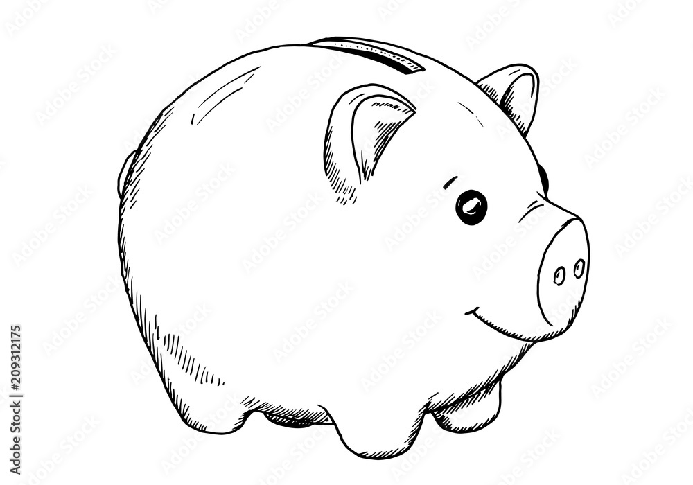 Drawing of piggy bank hand sketch of animal money storage, black