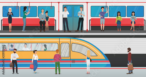 Subway inside with people and metro platform with train in underground station. Urban metro vector concept with passengers.