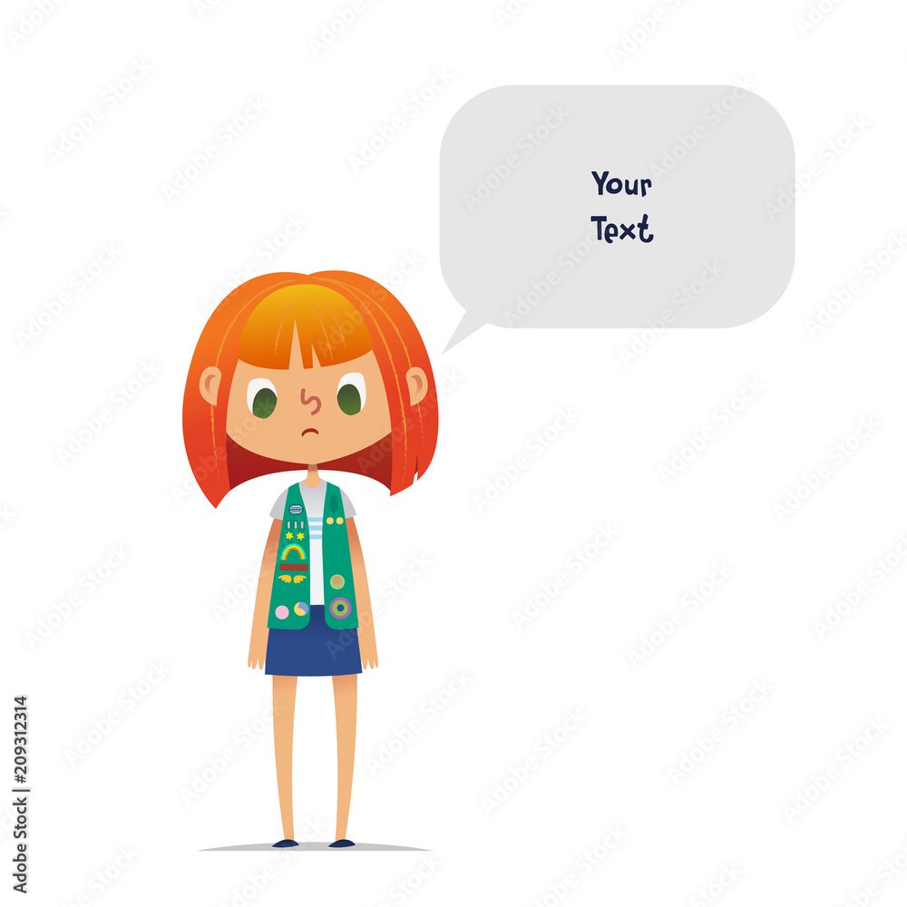 Sad or upset redhead teenage girl scout wearing vest with colorful badges and patches and speech balloon with place for text isolated on white background. Female scouter, member of troop, speaker. Sad or upset redhead teenage girl scout wearing vest with colorful badges and patches and speech balloon with place for text isolated on white background. Female scouter, member of troop, speaker.