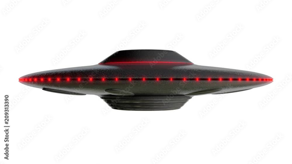 UFO - Flying saucer shape, Red lights around the outside, reflective metal body with realistic shaders, 3D rendered model rotating on an infinite loop over a white background UFO - Flying saucer shape, Red lights around the outside, reflective metal body with realistic shaders, 3D rendered model rotating on an infinite loop over a white background