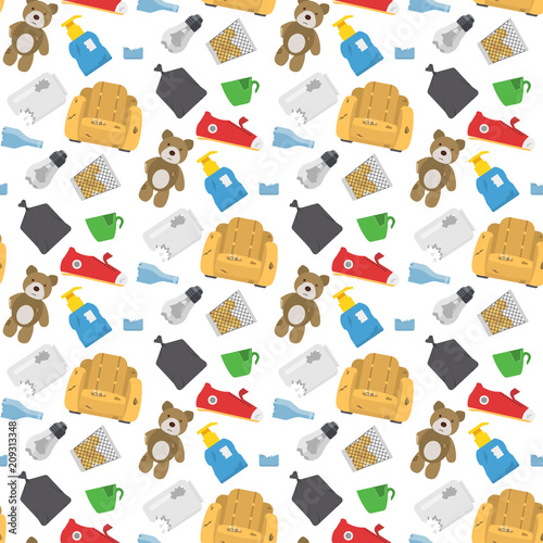 Recycling garbage vector trash bags tires management ecology industry garbage utilize concept waste sorting seamless pattern background illustration.