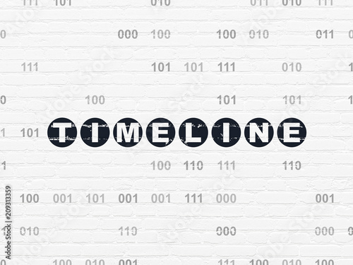 Timeline concept  Painted black text Timeline on White Brick wall background with Binary Code