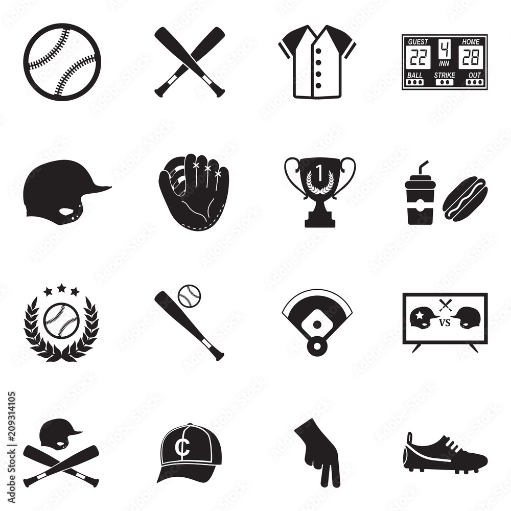 Baseball Icons. Black Flat Design. Vector Illustration.