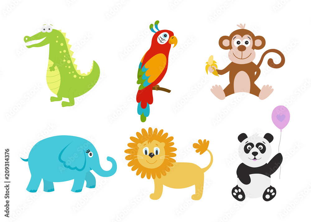 Cartoon crocodile, elephant, panda, lion, parrot, monkey for baby goods.. Cartoon crocodile, elephant, panda, lion, parrot, monkey for baby goods..