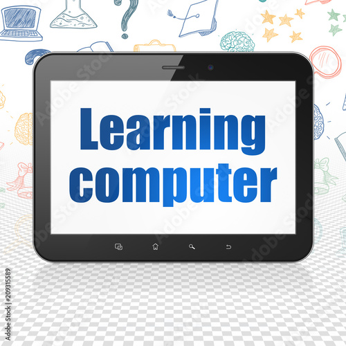 Studying concept: Tablet Computer with blue text Learning Computer on display, Hand Drawn Education Icons background, 3D rendering