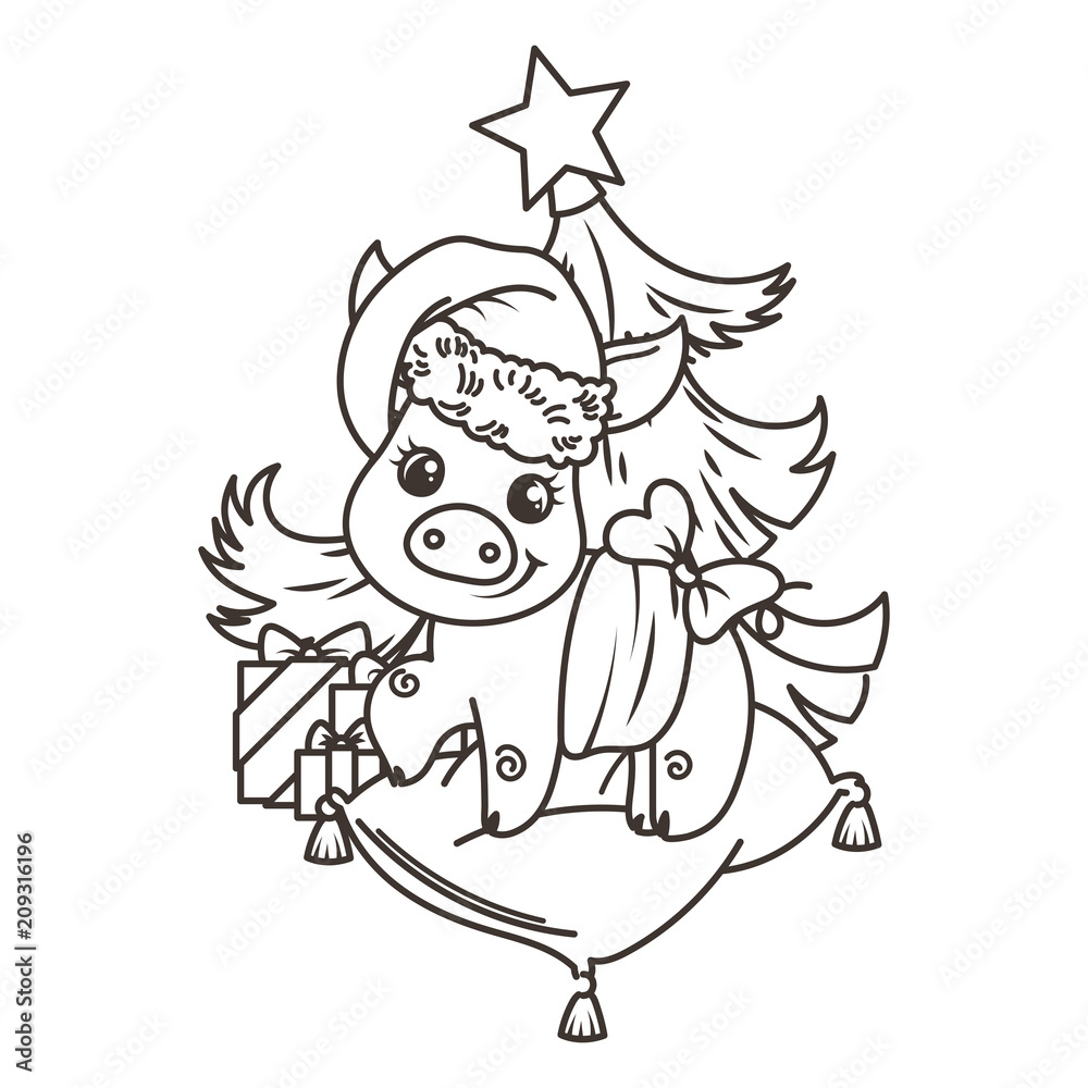 Happy New 2019 Year card with cartoon baby pig. Small symbol of holiday. Happy New 2019 Year card with cartoon baby pig. Small symbol of holiday.